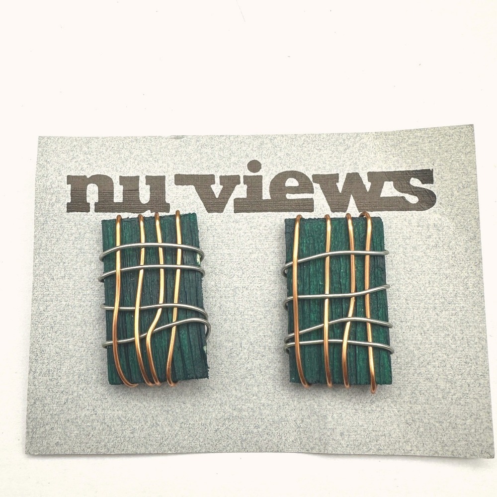 Vintage Nu Views Green Glass Wire Wrapped Earrings Mixed Metal Artisan